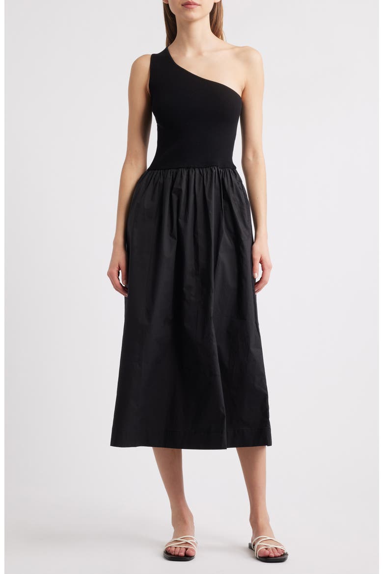 Anita One-Shoulder Mixed Media Midi Dress, Main, color, BLACK