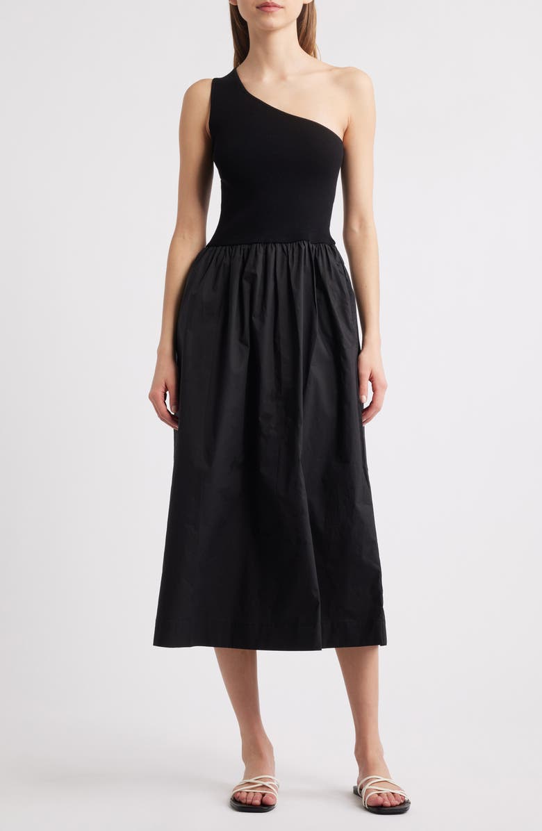 Rails Anita One-Shoulder Mixed Media Midi Dress, Main, color, Black