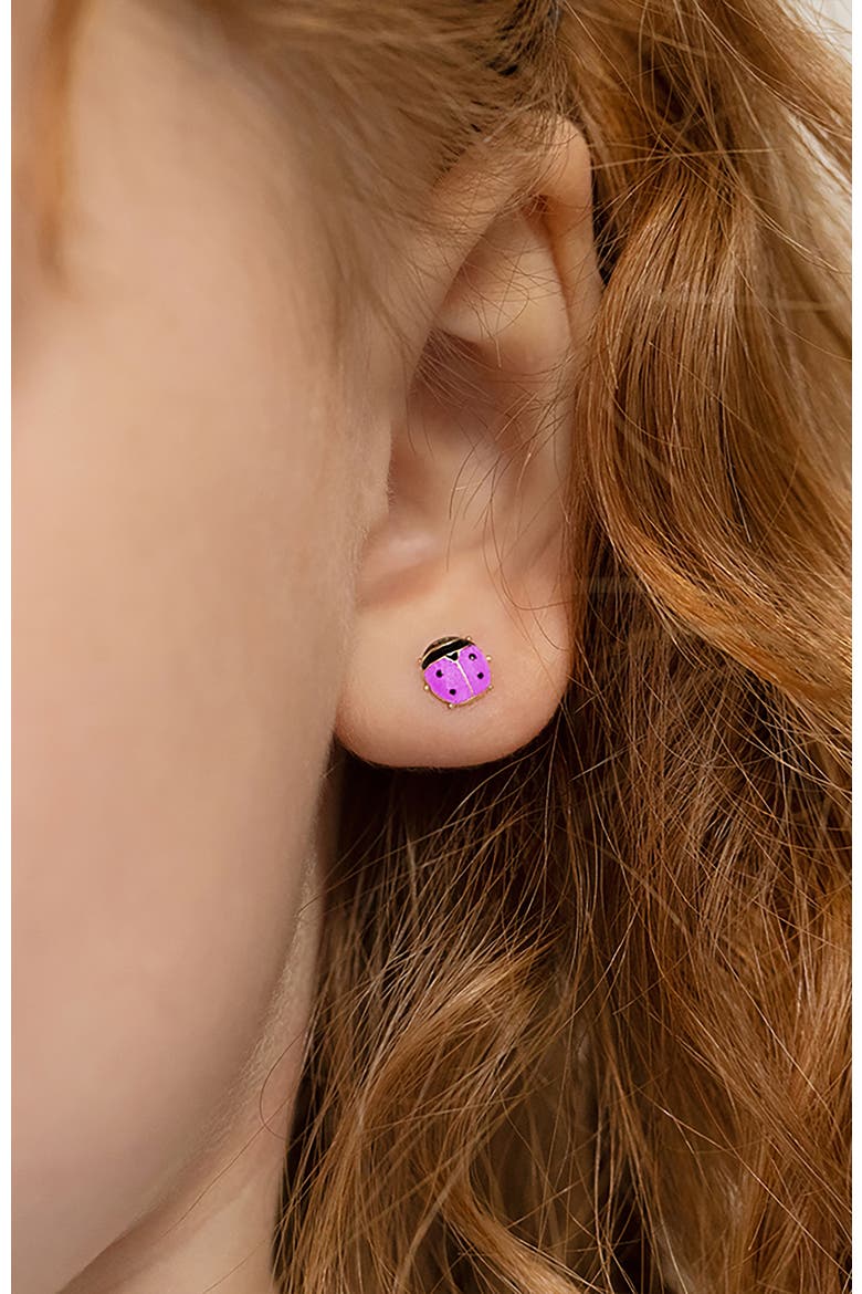 14k Garden Ladybug Earrings, Alternate, color, Pink
