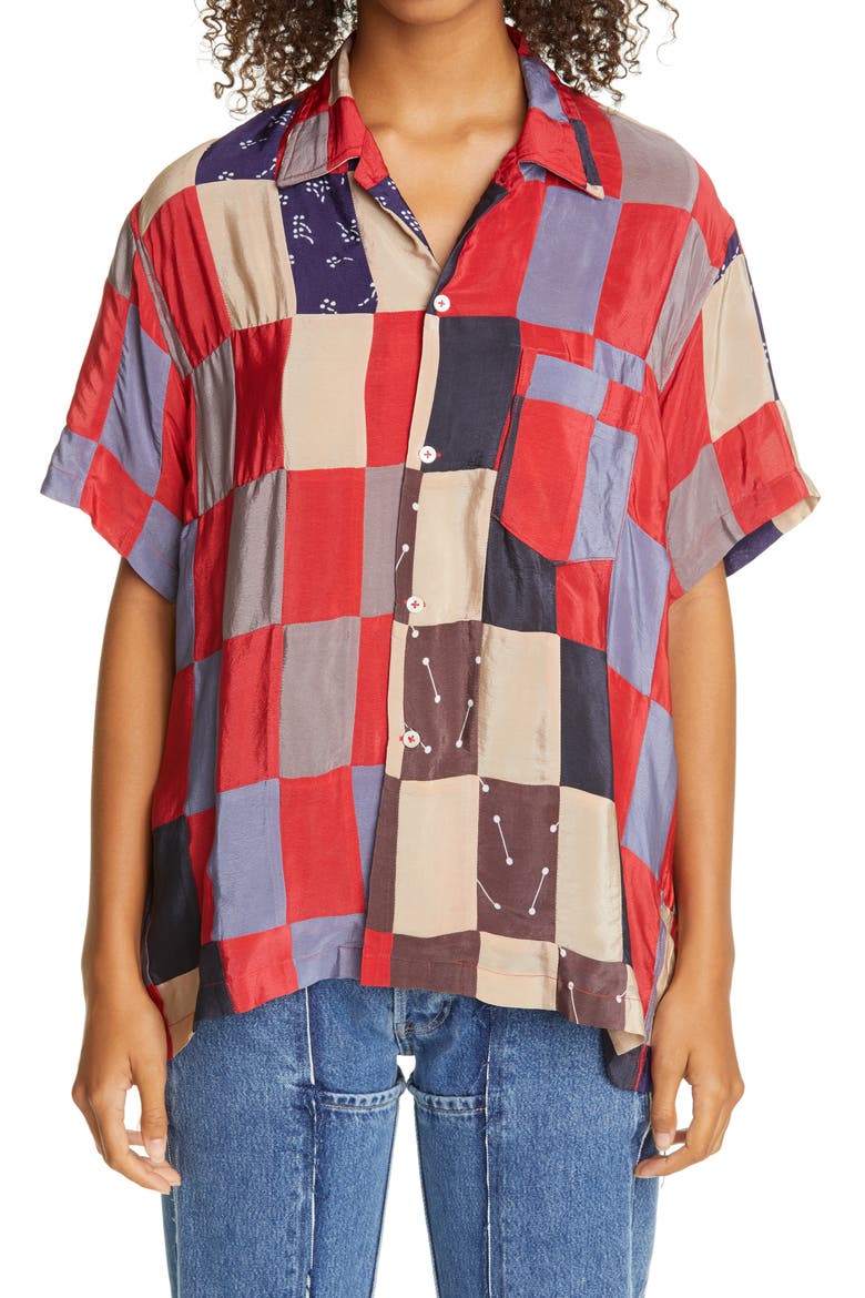 One of a Kind Chandigarh Quilt Bowling Shirt, Main, color, RED MULTI