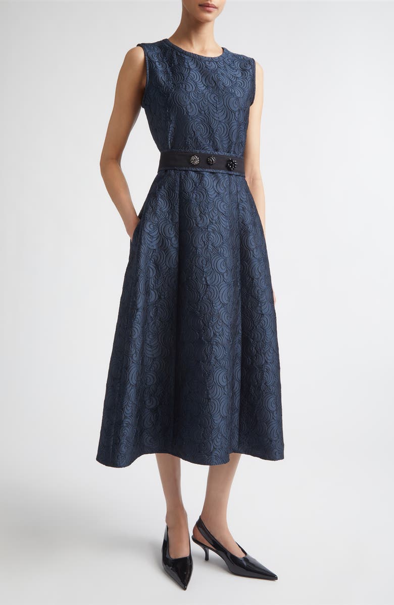 Max Mara Jacquard Belted Midi Dress, Main, color, Midnight Blue