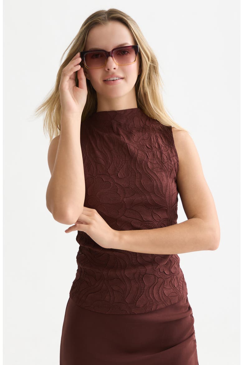 Floral Jacquard Sleeveless Funnel Neck Top, Alternate, color, BITTER CHOCOLATE