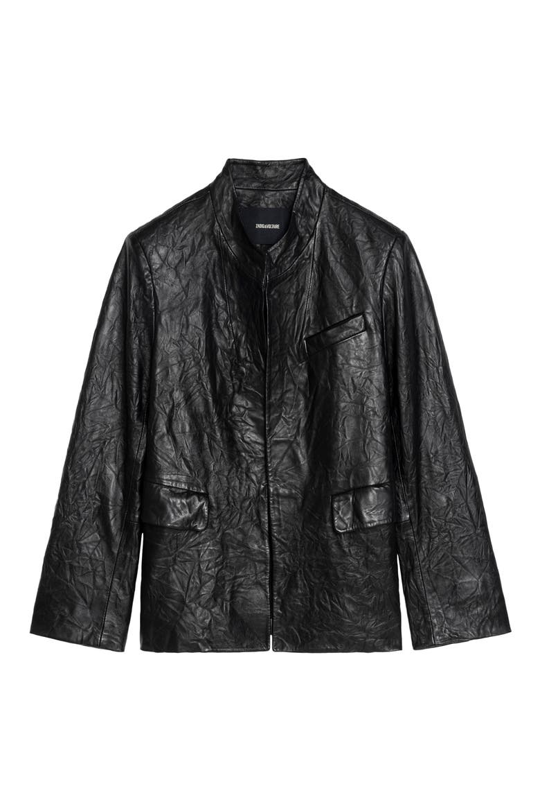 Veryn Cuir Crinkled Leather Jacket, Alternate, color, BLACK