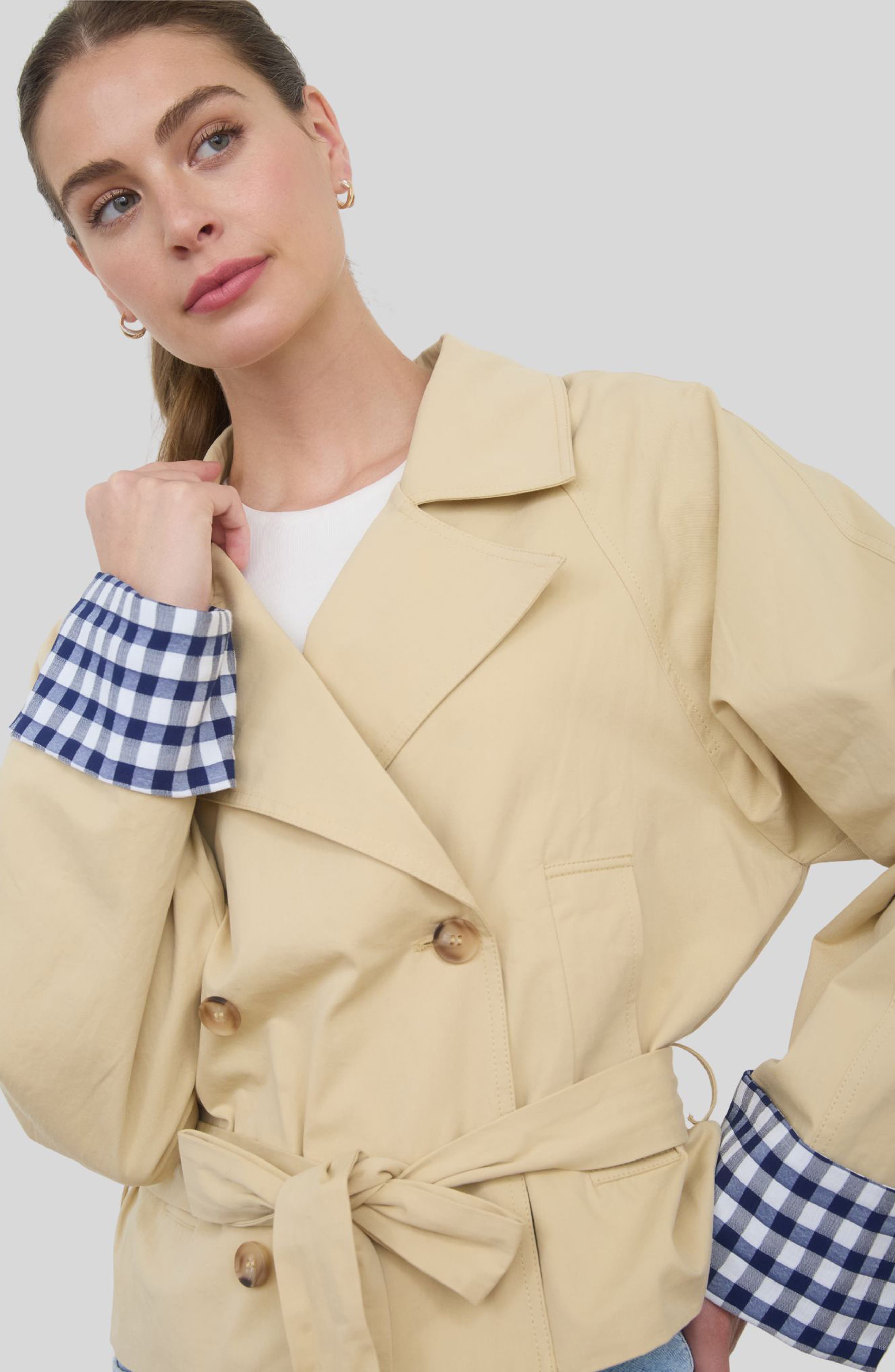 ZOE AND CLAIRE Gingham Cuff Short Trench Coat (Women) | Nordstrom