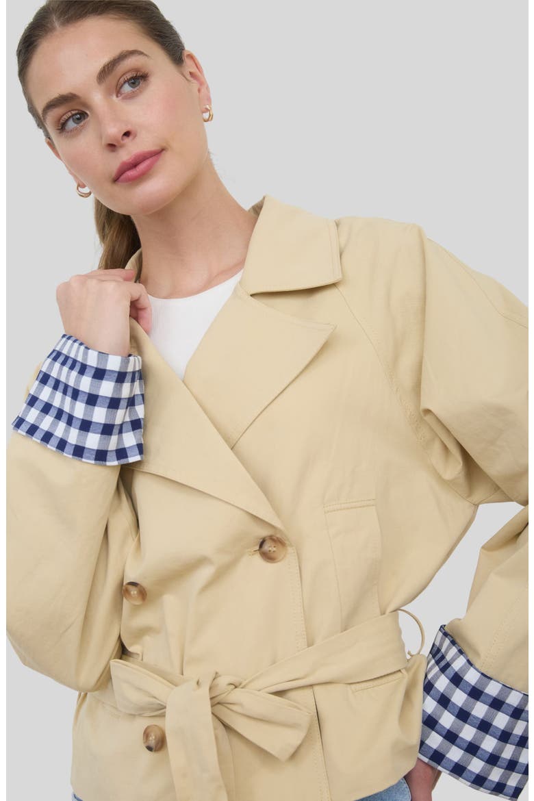 Gingham Cuff Short Trench Coat, Alternate, color, KHAKI