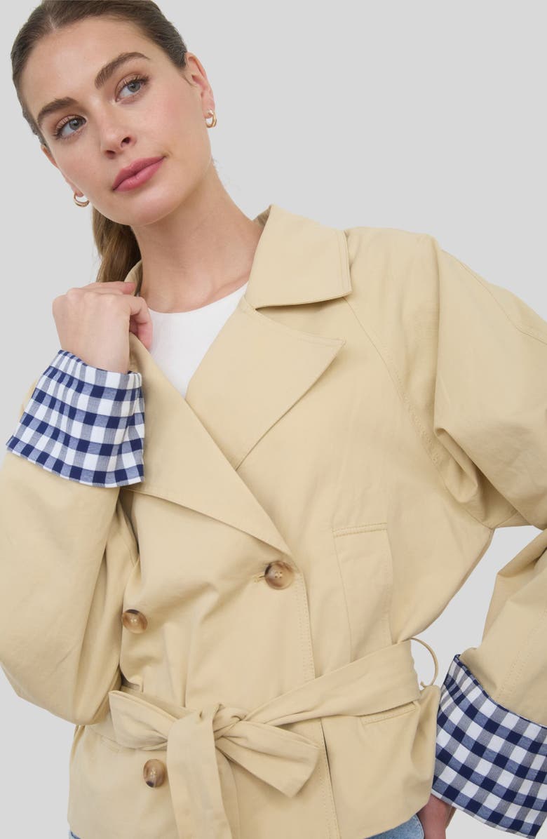 ZOE AND CLAIRE Gingham Cuff Short Trench Coat, Alternate, color, Khaki