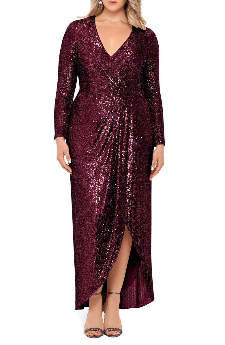Xscape Evenings Xscape Long Sleeve Faux Wrap Sequin Gown, Main, color,