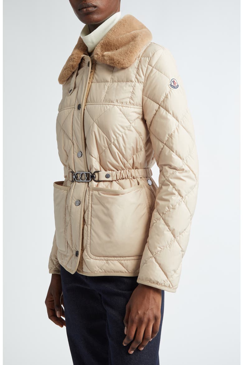 Cygne Belted Down Puffer Jacket with Removable Faux Fur Collar, Alternate, color, BEIGE