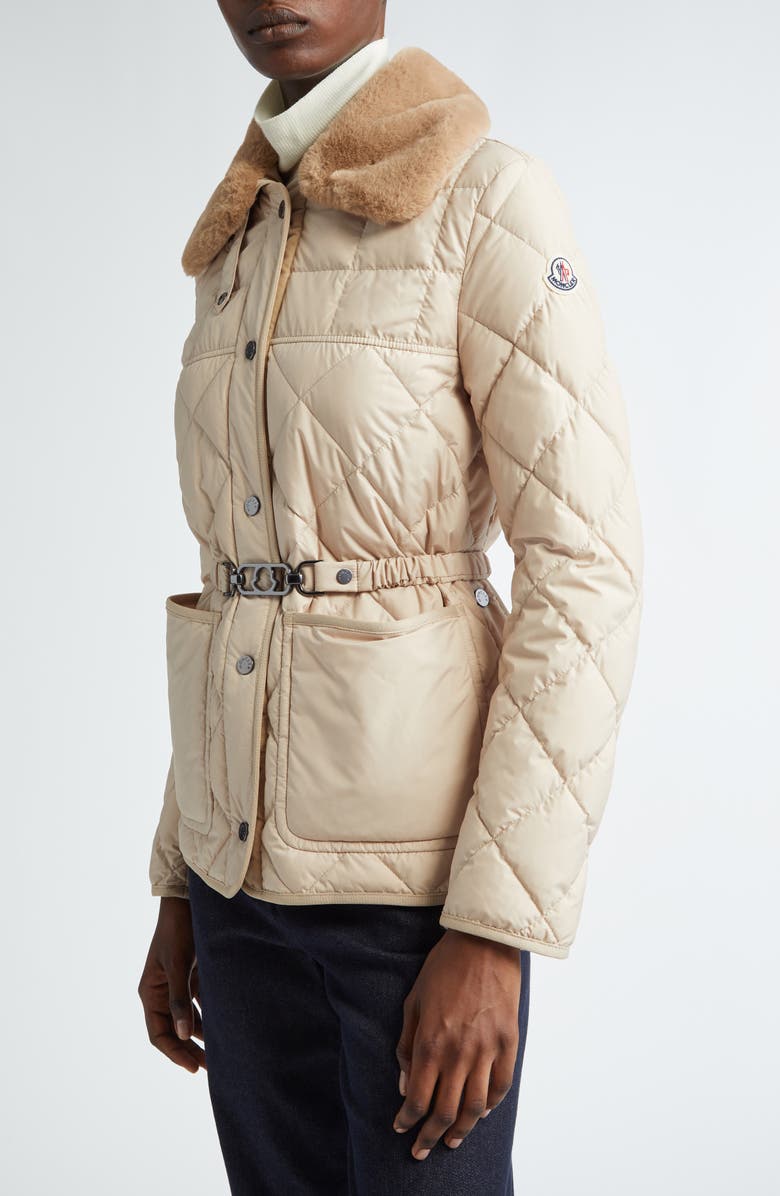 Moncler Cygne Belted Down Puffer Jacket with Removable Faux Fur Collar, Alternate, color, 
