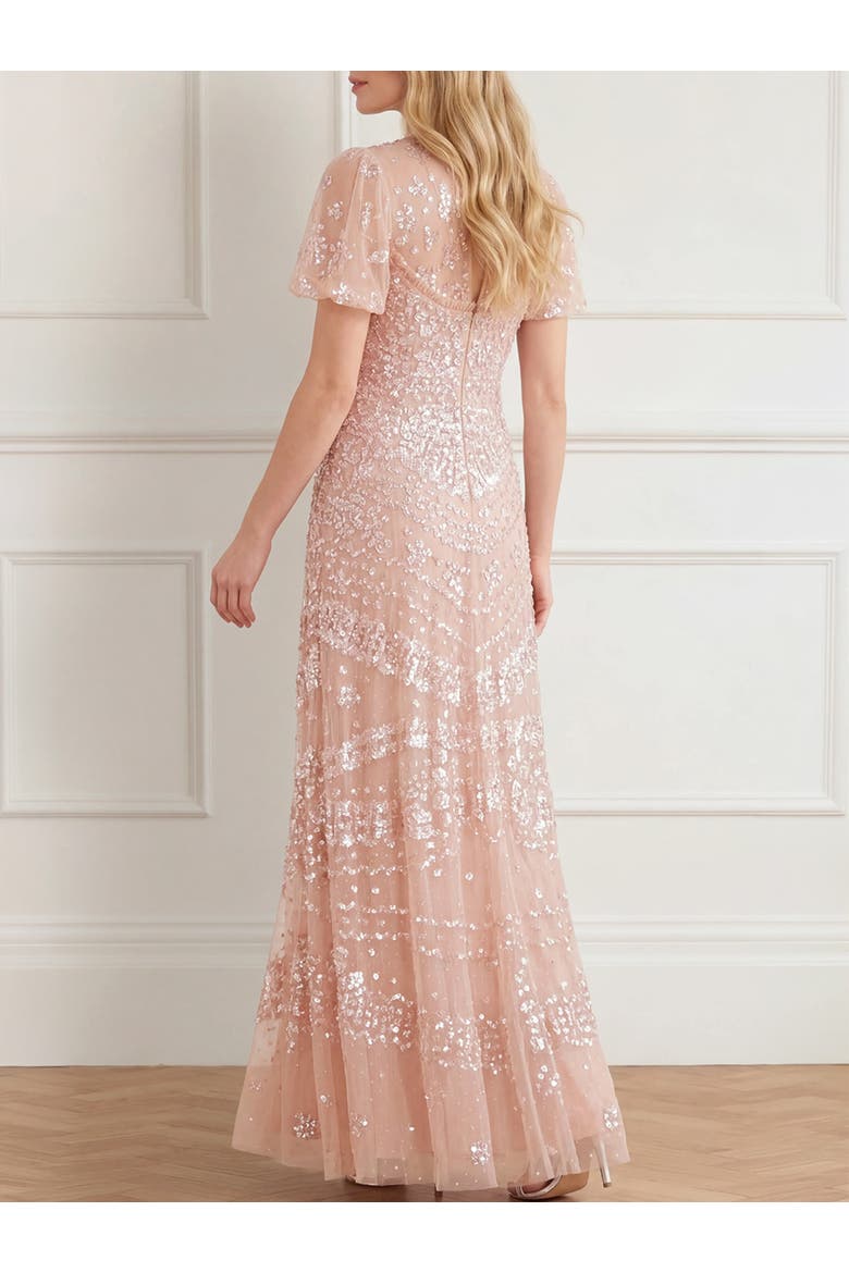 Anais Sequin Short Sleeve Gown, Alternate, color, Biscuit