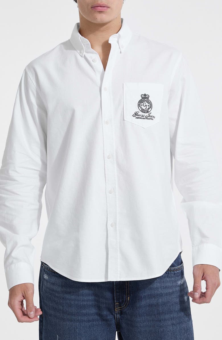 GUESS JEANS Embroidered Pocket Button-Down Shirt, Main, color, White