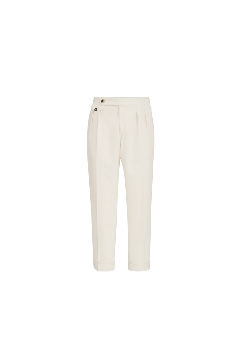Garment-dyed trousers in cotton corduroy with reversed double pleats and waist tabs, Alternate, color, White