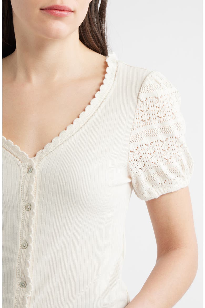 Rib Knit Short Sleeve Button-Up Shirt, Alternate, color, CREAM
