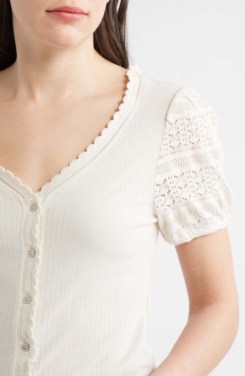 Lucky Brand Rib Knit Short Sleeve Button-Up Shirt, Alternate, color, Cream