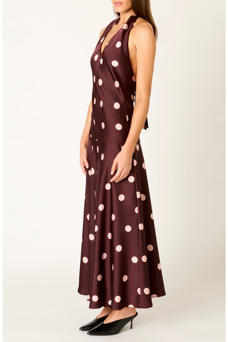 Verona Polka Dot Drop Waist Halter Midi Dress, Alternate, color, WINE