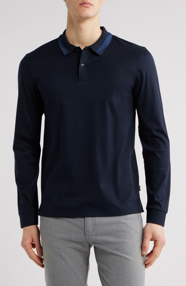 BOSS Pleins Long Sleeve Polo, Main, color, Dark Blue