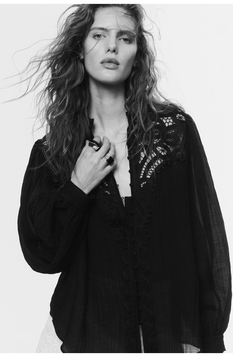 H&M Lace-yoke blouse, Alternate, color, Black