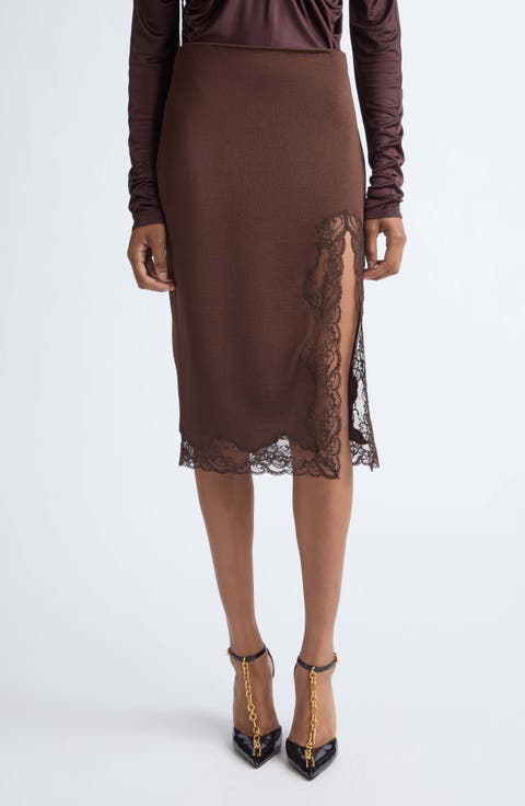Lace Trim Knit Midi Skirt