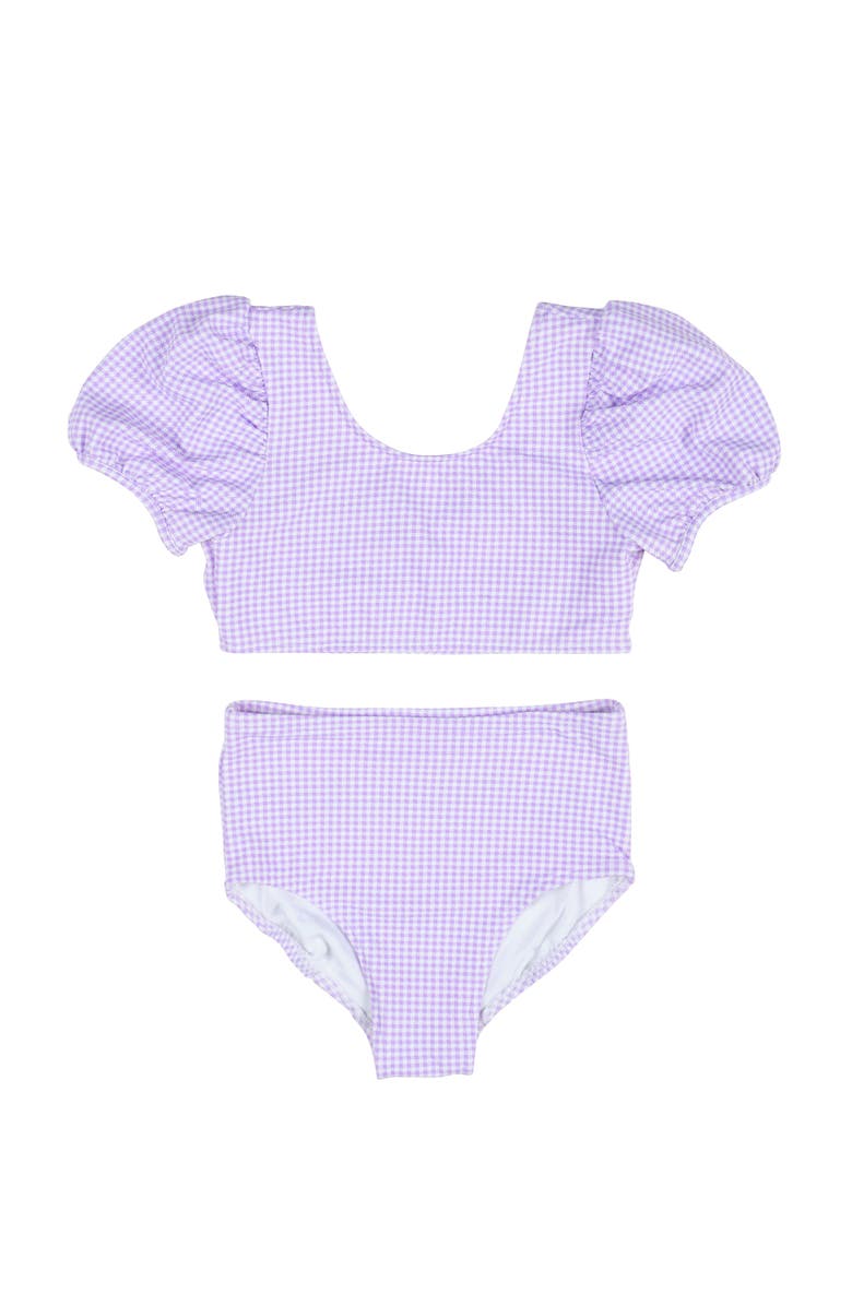 Florence Eiseman Gingham Puff Sleeve Bikini, Main, color, Lavender / White