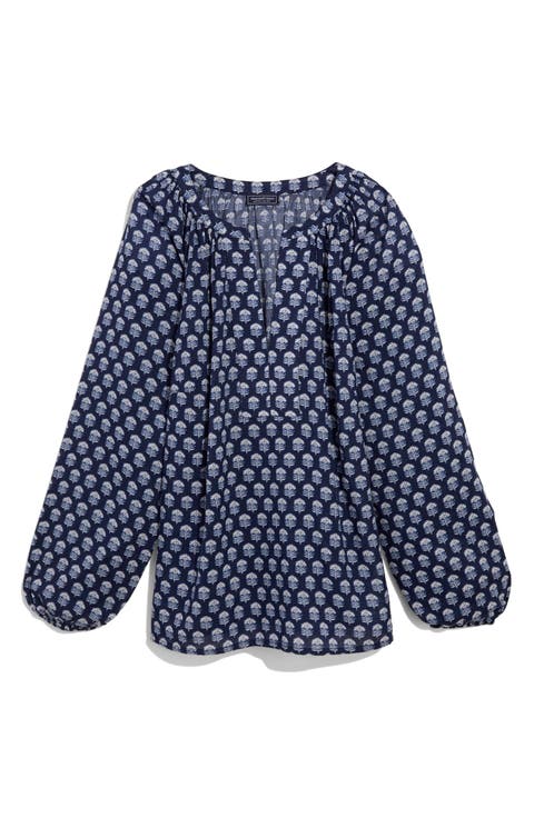 Print Split Neck Popover Top
