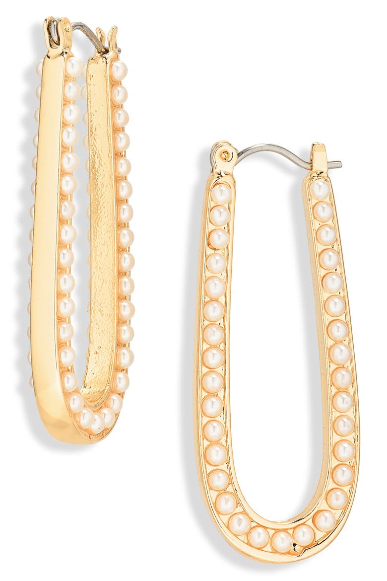Faux Pearl Oval Hoop Earrings, Main, color, PEARL