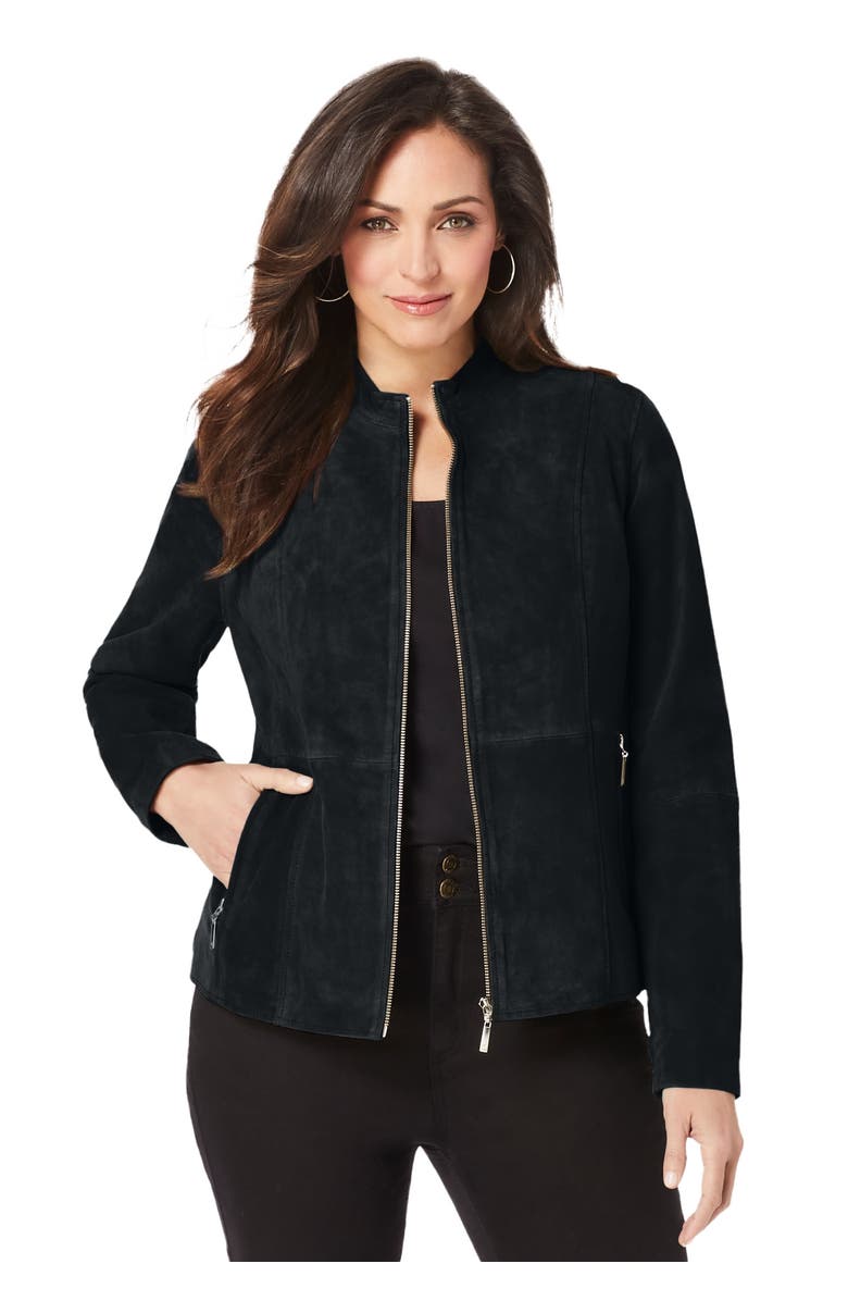 Jessica London Suede Zip-Front Jacket, Main, color, Black