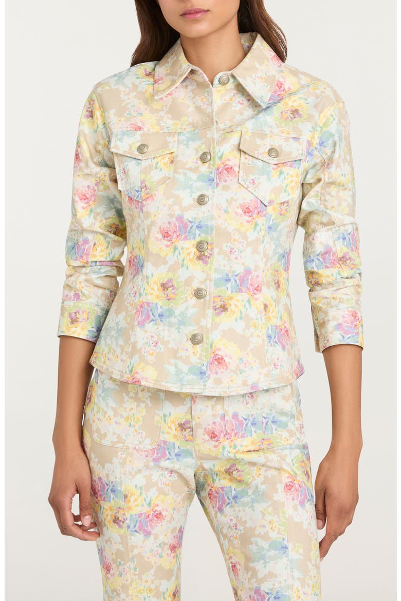 Ikat Bouquet Scrunchie Sleeve Denim Jacket, Main, color, KHAKI MULTI