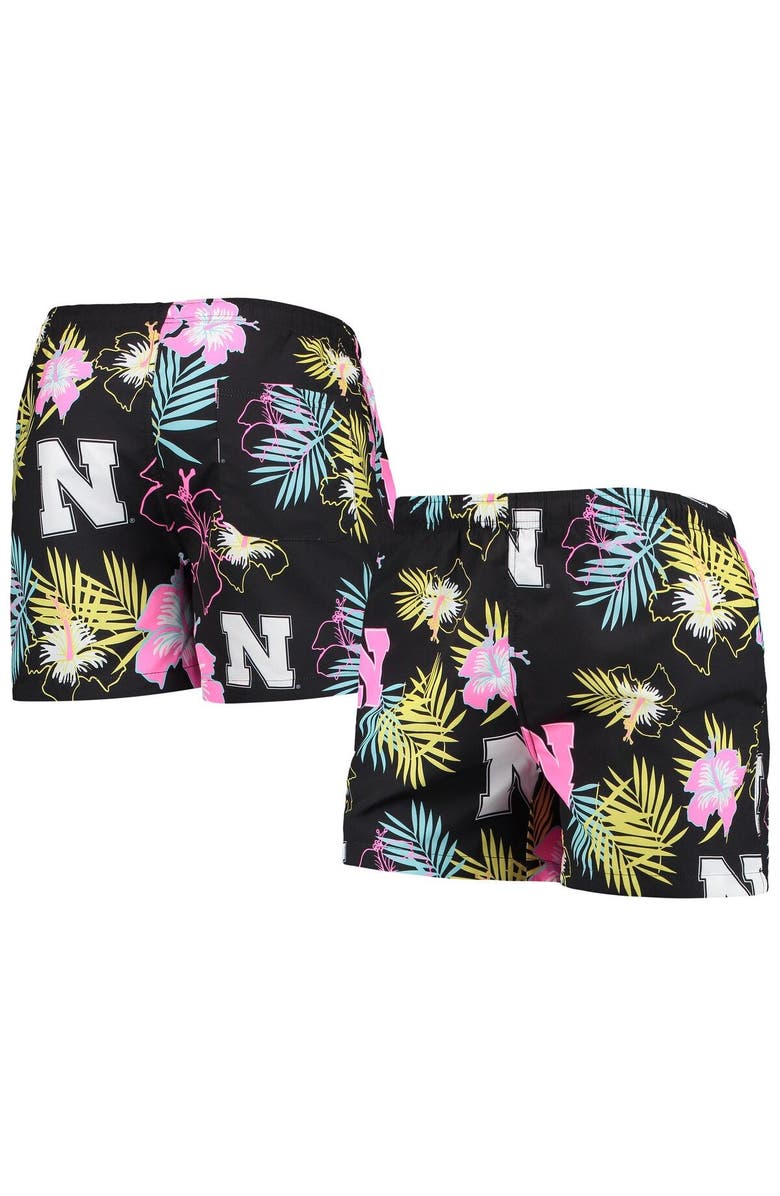 FOCO Men's FOCO Black Nebraska Huskers Neon Floral Swim Trunks, Main, color, Black