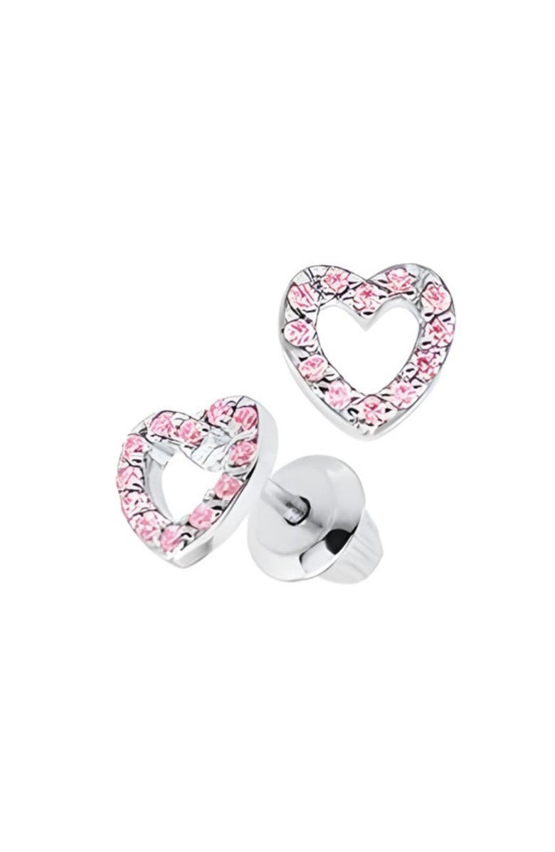Mia Belle Girls Open Heart Sterling Silver Earrings, Main, color, Metallic Silver