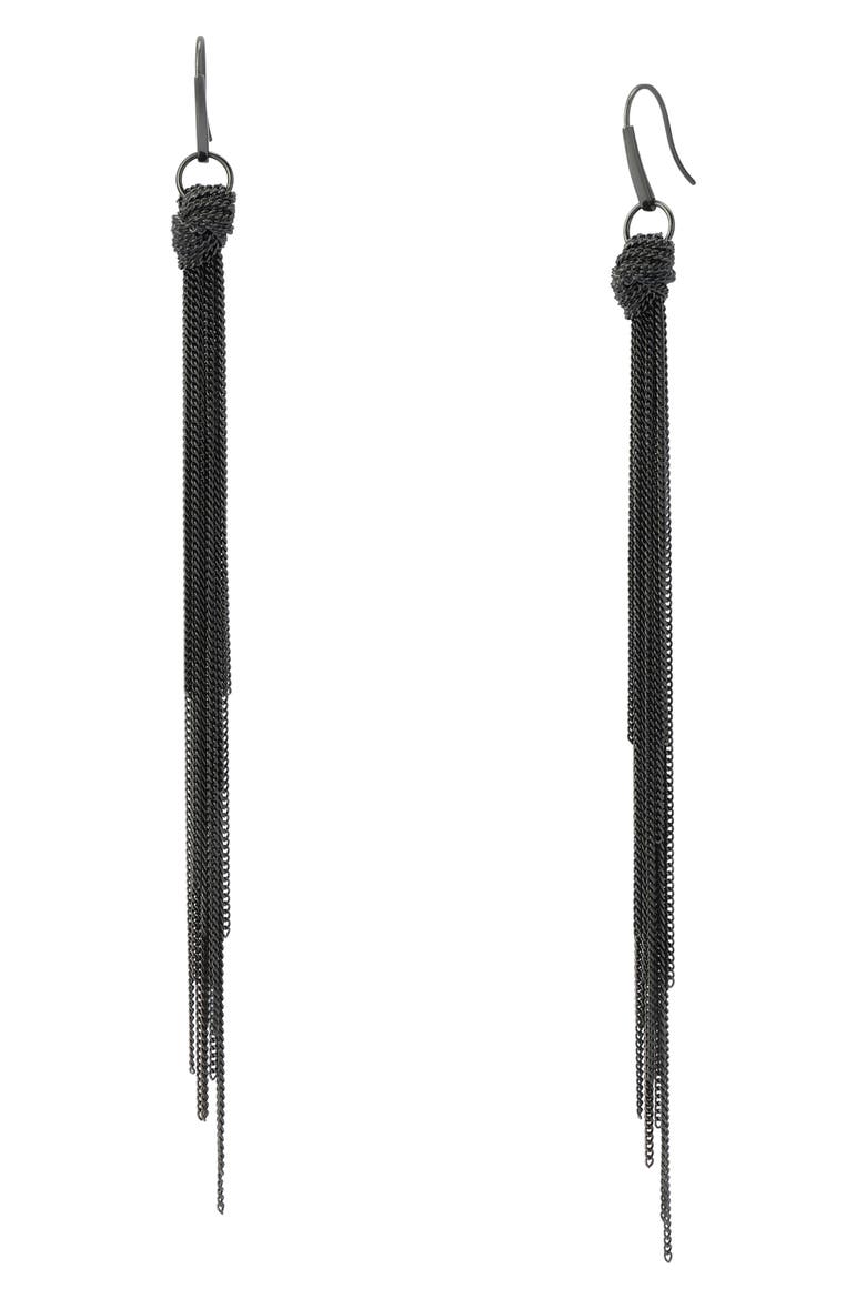 Noir Knot Linear Tassel Earrings, Main, color, WORN HEMATITE