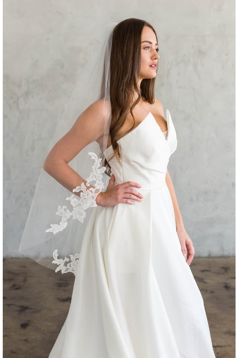Ameliana Lace Trim Silk Tulle Veil, Main, color, IVORY