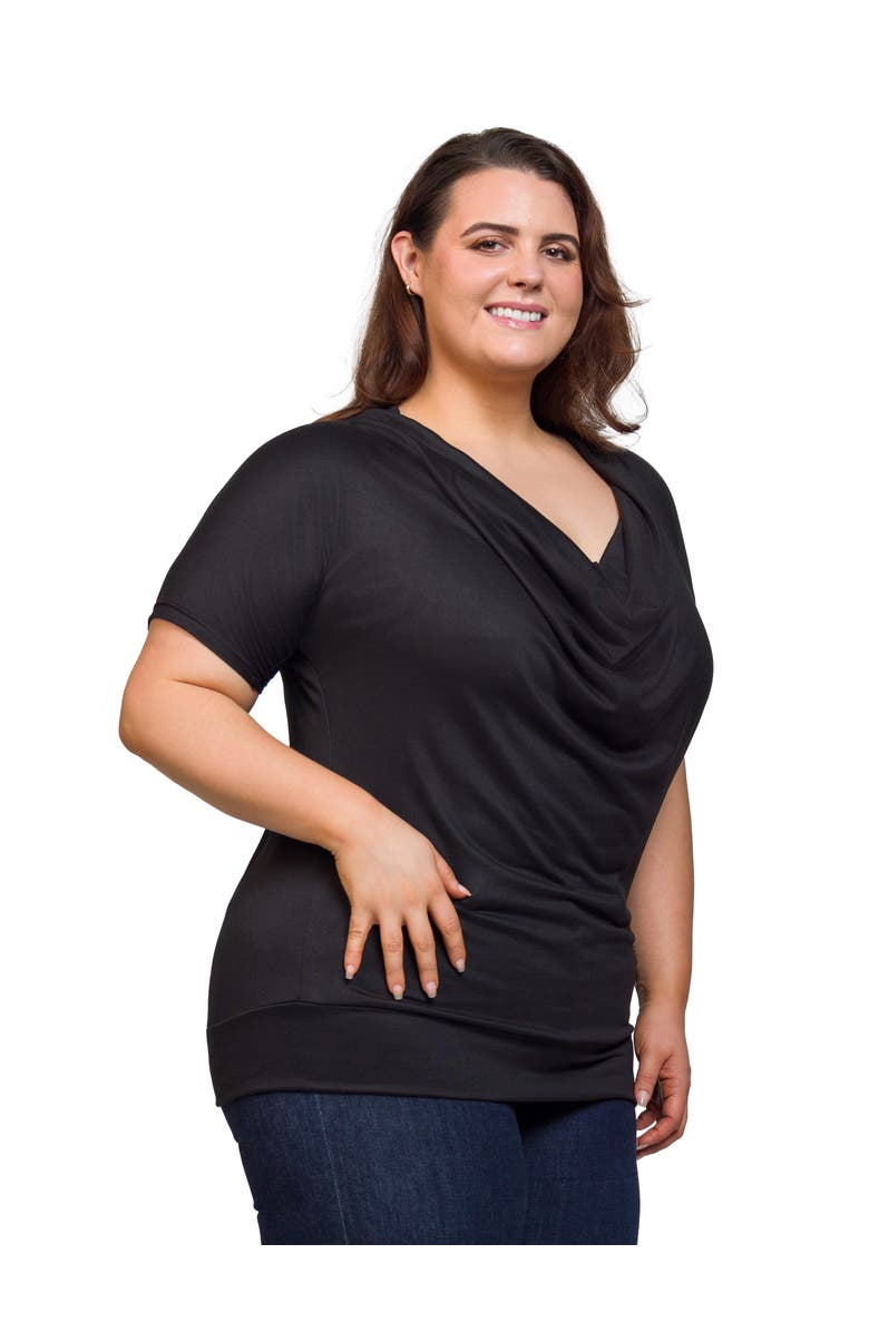 24seven Comfort Apparel Cowl Neck Short Sleeve Top with Banded Bottom, Alternate, color, Black