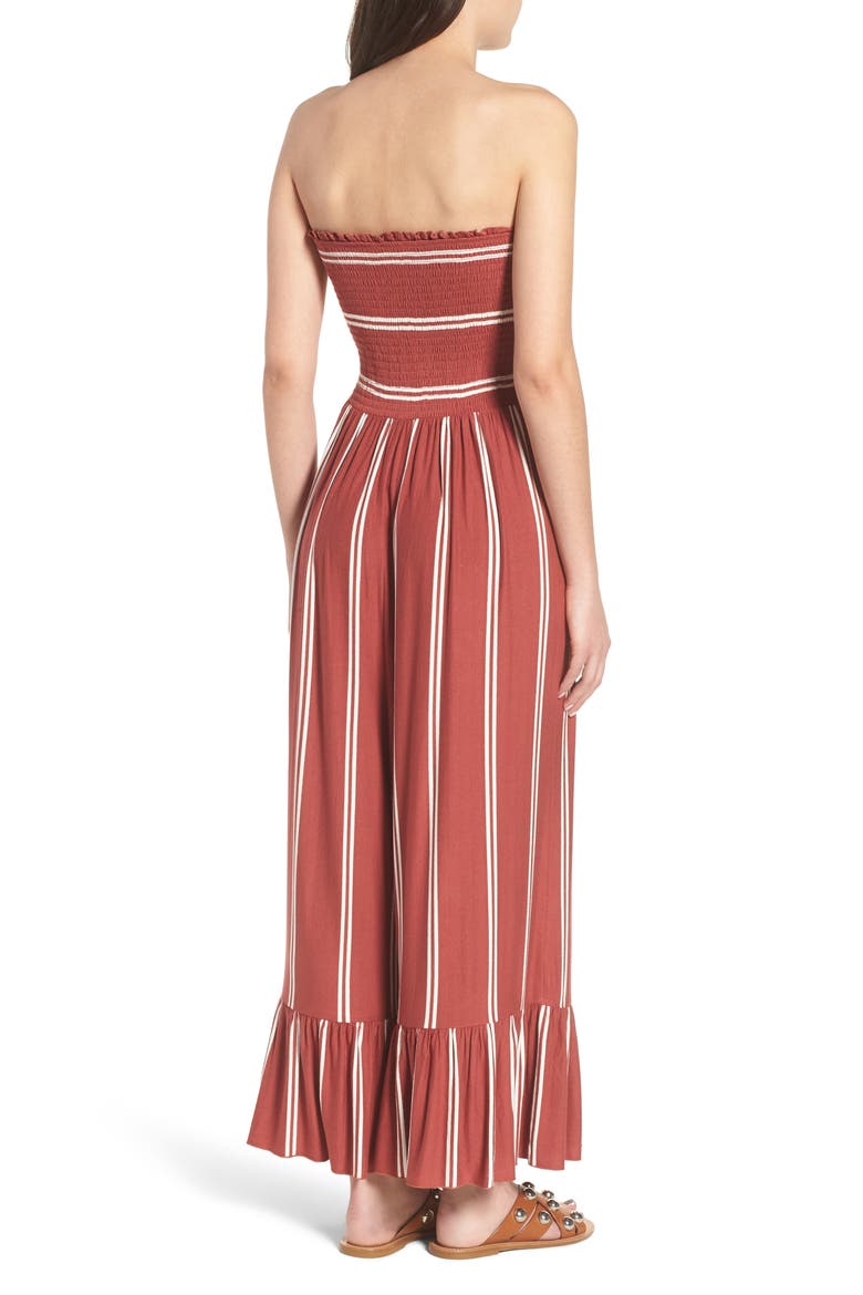 Smocked Ruffle Hem Jumpsuit, Alternate, color, RUST MARSALA SUH STRIPE