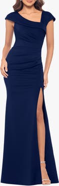Xscape Evenings Asymmetric Neck Scuba Knit Trumpet Gown