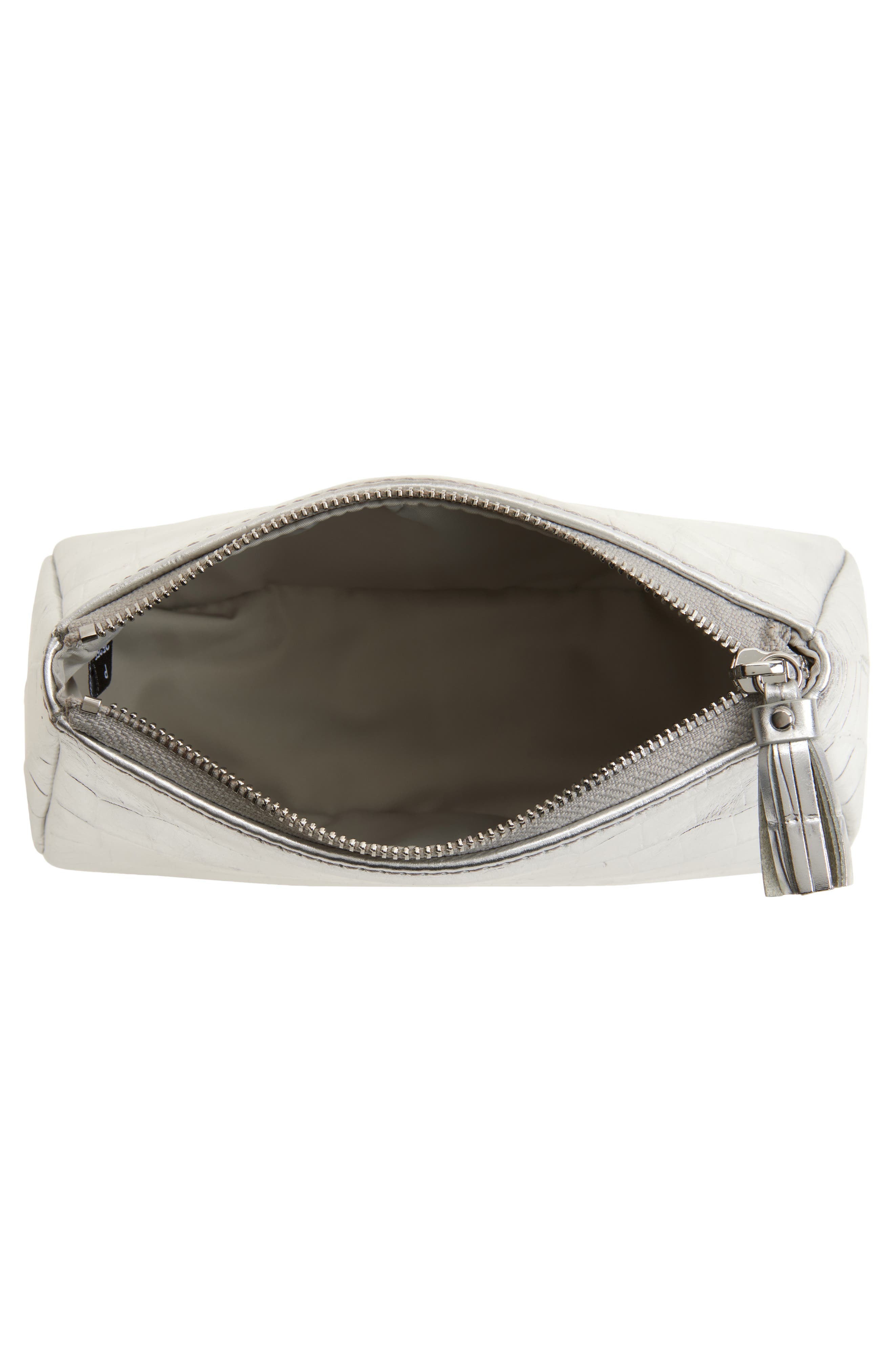 Small Luna Croc Embossed Metallic Leather Cosmetic Pouch, Alternate, color, SILVER CROC EFFECT