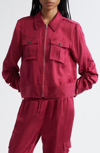 Cinq À Sept Dale Ruched Sleeve Cupro Satin Jacket In Burgundy