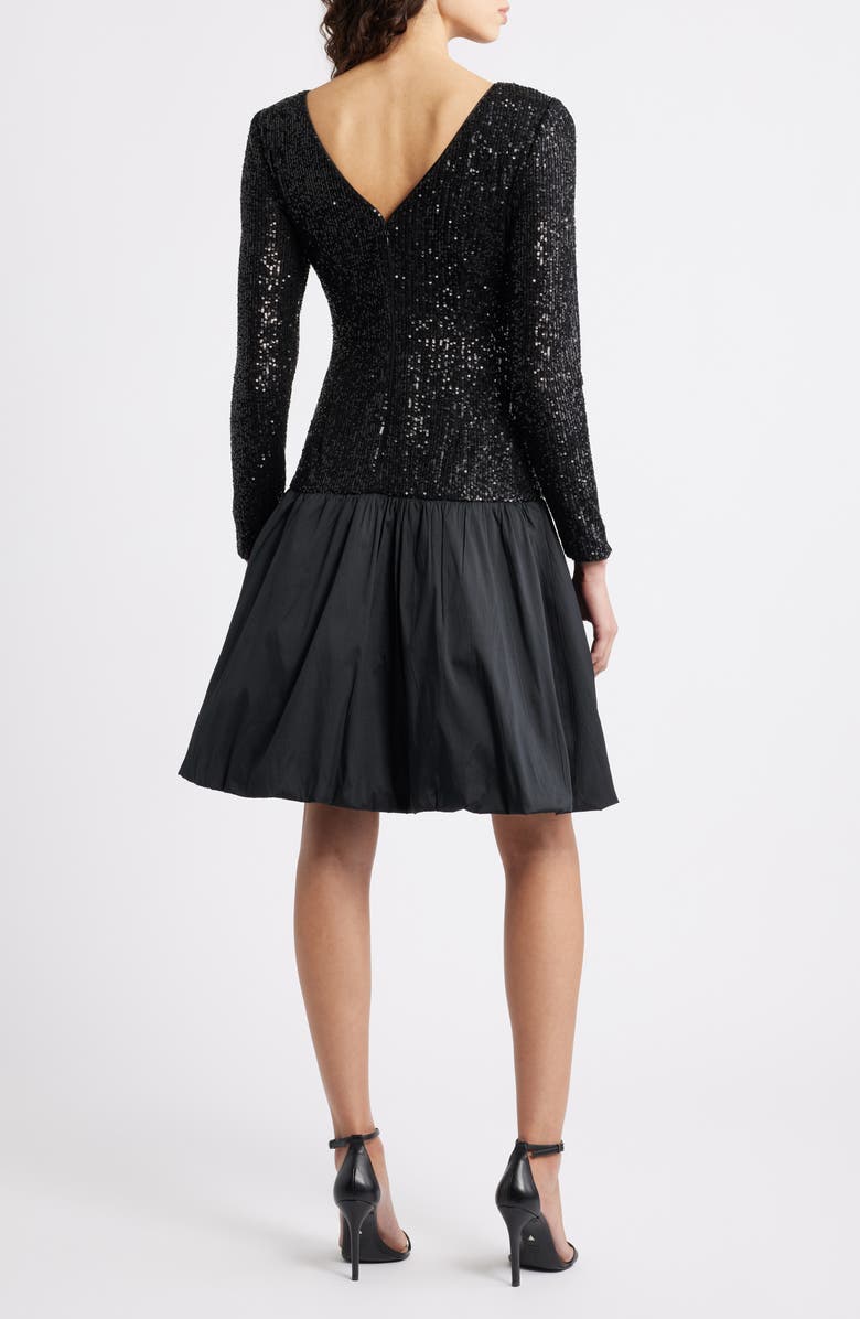 Eliza J Sequin Bodice Long Sleeve Mixed Media Cocktail Dress, Alternate, color, Black