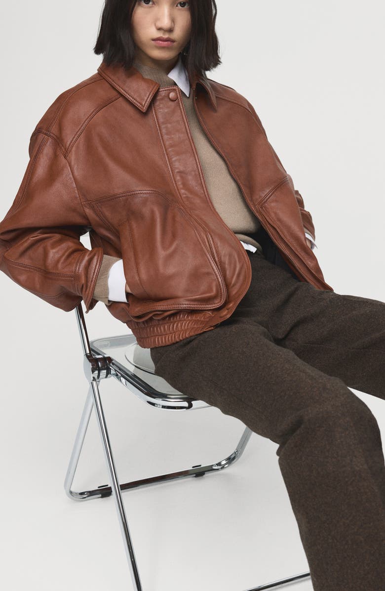 MANGO London Oversize Leather Jacket, Alternate, color, Cognac
