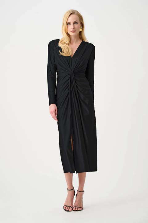 Satin Effect Knit Draped V-Neck Sheath Dress