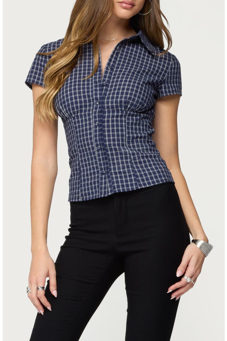 Oriya Gingham Button-Up Blouse, Main, color, NAVY