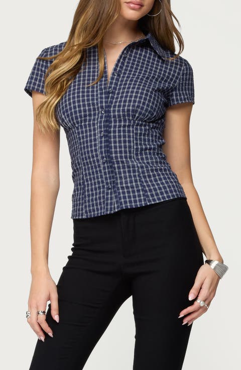 Oriya Gingham Button-Up Blouse