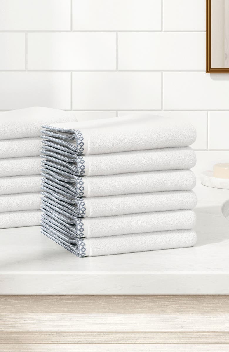 Woven & Weft Border Stitch 12-Pack Cotton Hand Towels, Alternate, color, White / Chambray Blue