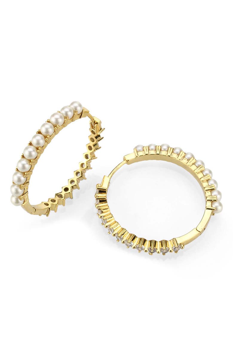 Covet Reversible Imitation Pearl & Cubic Zirconia Hoop Earrings, Main, color, Pearl