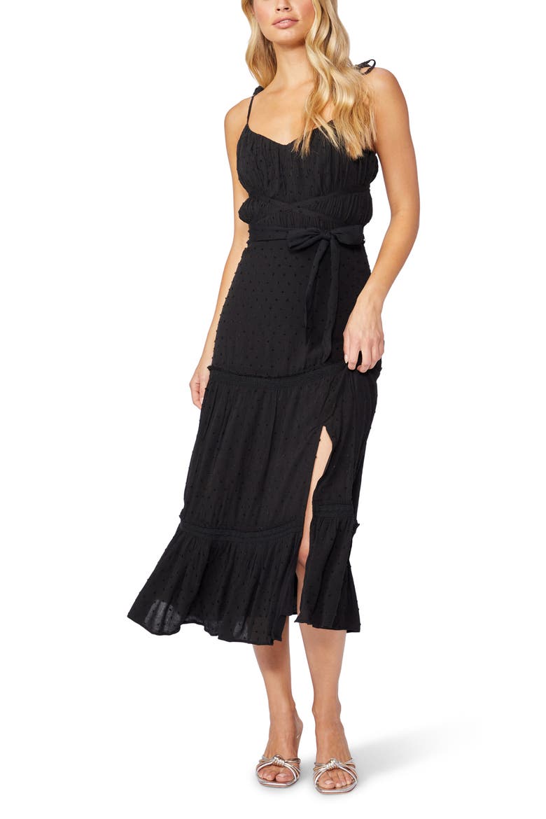 Inesa Tie Strap Ruffle Midi Dress, Alternate, color, BLACK