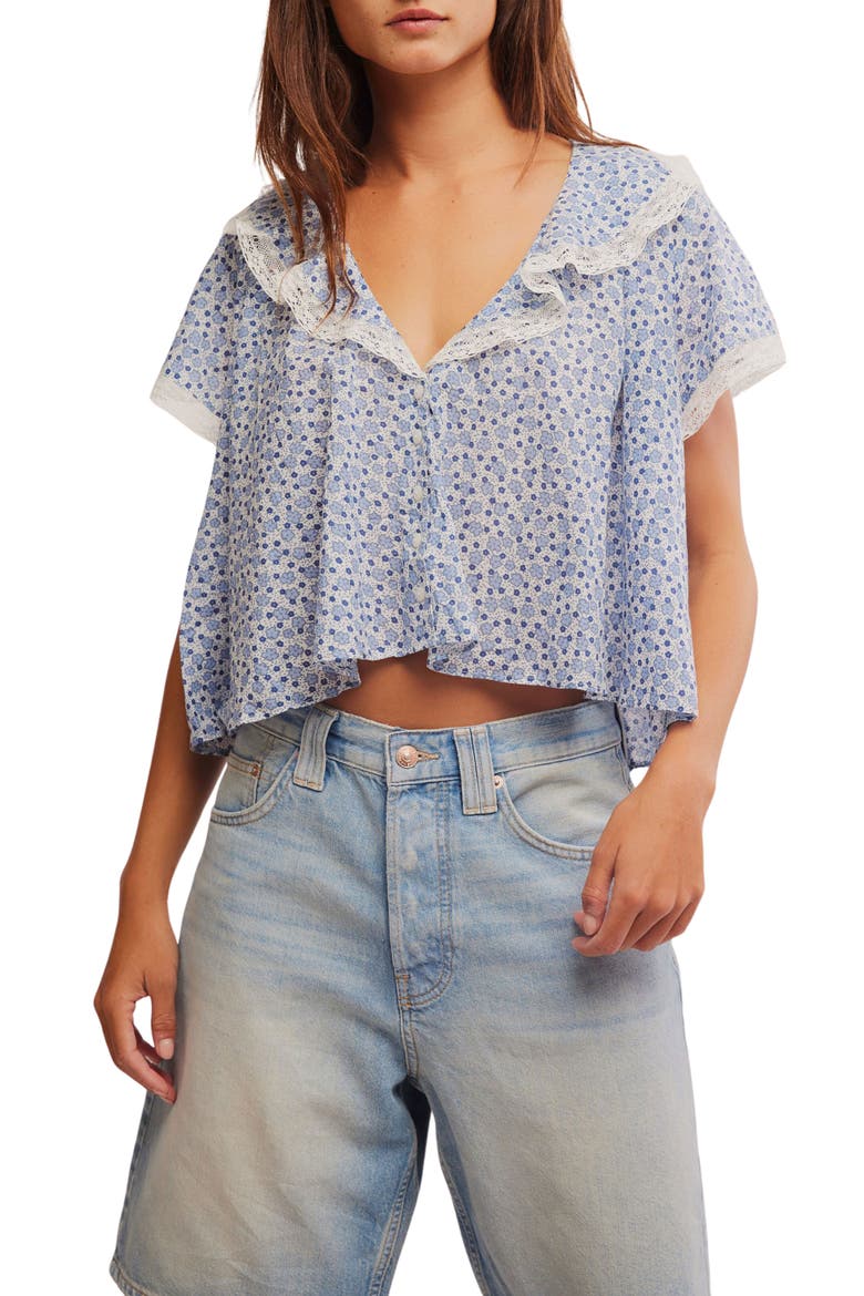 Truly Yours Print Collar Crop Shirt, Main, color, IVORY COMBO - DAISY