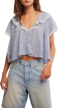 Free People Truly Yours Print Collar Crop Shirt