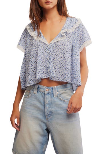 Free People Truly Yours Print Collar Crop Shirt