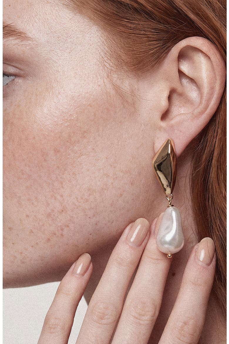 Geo Imitation Pearl Drop Earrings, Alternate, color, GOLD