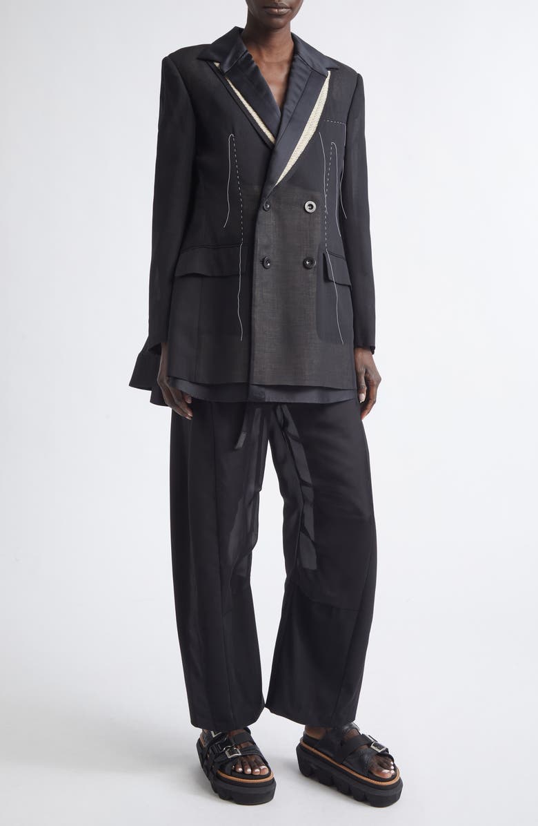 Sacai Belted Wool Suiting & Satin Barrel Leg Pants, Alternate, color, Black