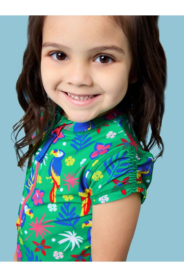 Girls Short Sleeve UPF50+ One Piece Rash Guard, Alternate, color, Parrot Palms